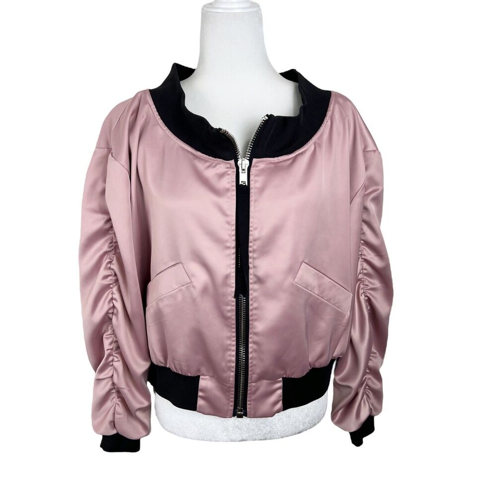 Alpha & Omega Interstellar Bomber Jacket Women Small Pink Satin Off Shoulder - Picture 4 of 16
